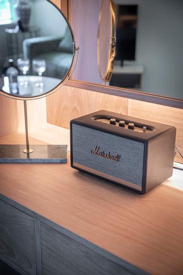 HYDE Hotel | Galway |  Stylish Marshall speaker on a wooden vanity beside a modern round mirror with a marble base